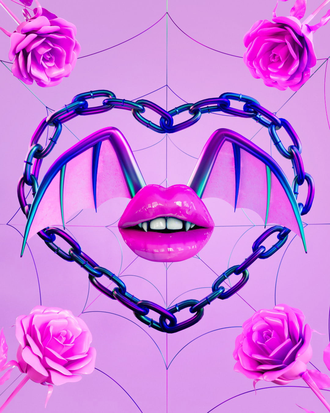 Pastel pink background with iridescent spiderweb filling the space. Plastic pink roses on all corners. A matte metal iridescent heart shaped chain in the center framing juicy magenta lipstick lips with fangs and iridescent and pink webbed bat wings.