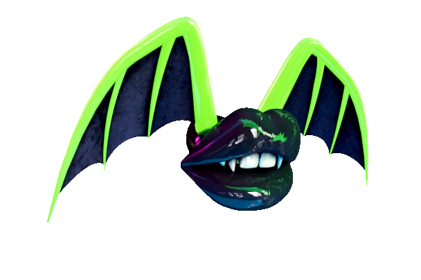 Bat lips with black lipstick, neon green wings with black webs flying in place on a transparent background