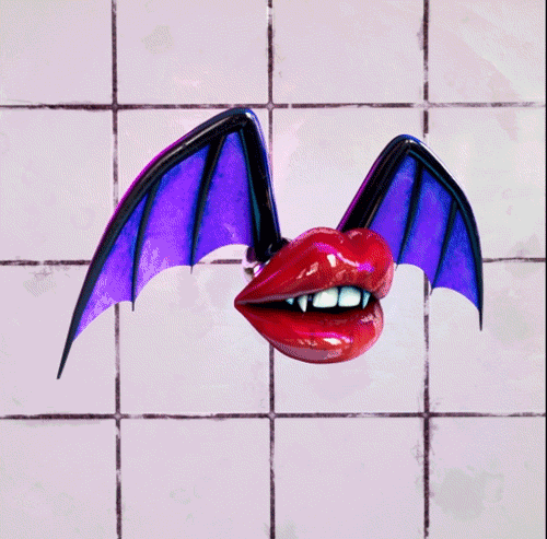 Bat lips with red lipstick, black wings with purple webs flying in place on a white tiled background.
