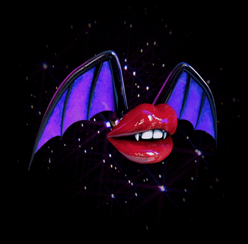 Bat lips with red lipstick, black wings with purple webs flying in place on a black background.