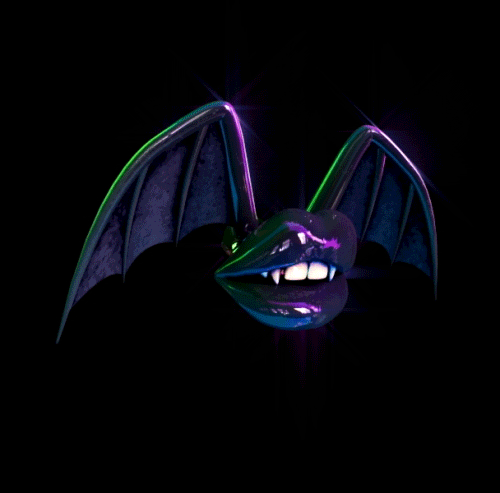 All black bat lips with black background flying in place with shiny specular tails.