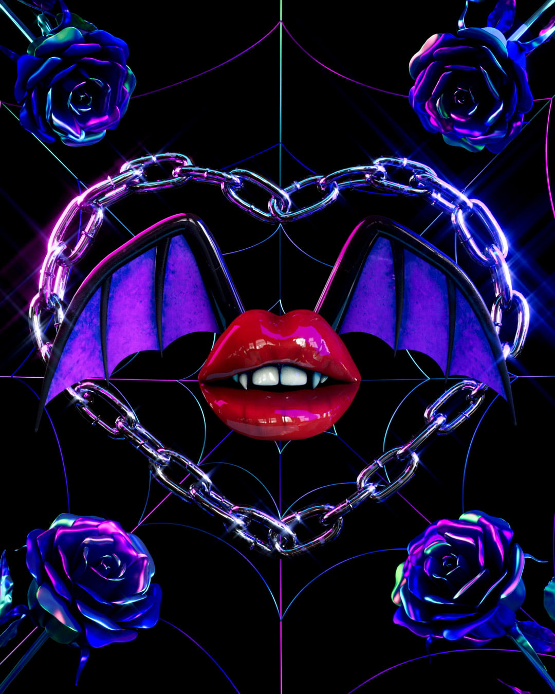 Black background with iridescent spiderweb filling the space. Metallic iridescent blue/magenta roses on all corners. A silver heart shaped chain in the center framing juicy red lipstick lips with fangs and black and purple webbed bat wings.