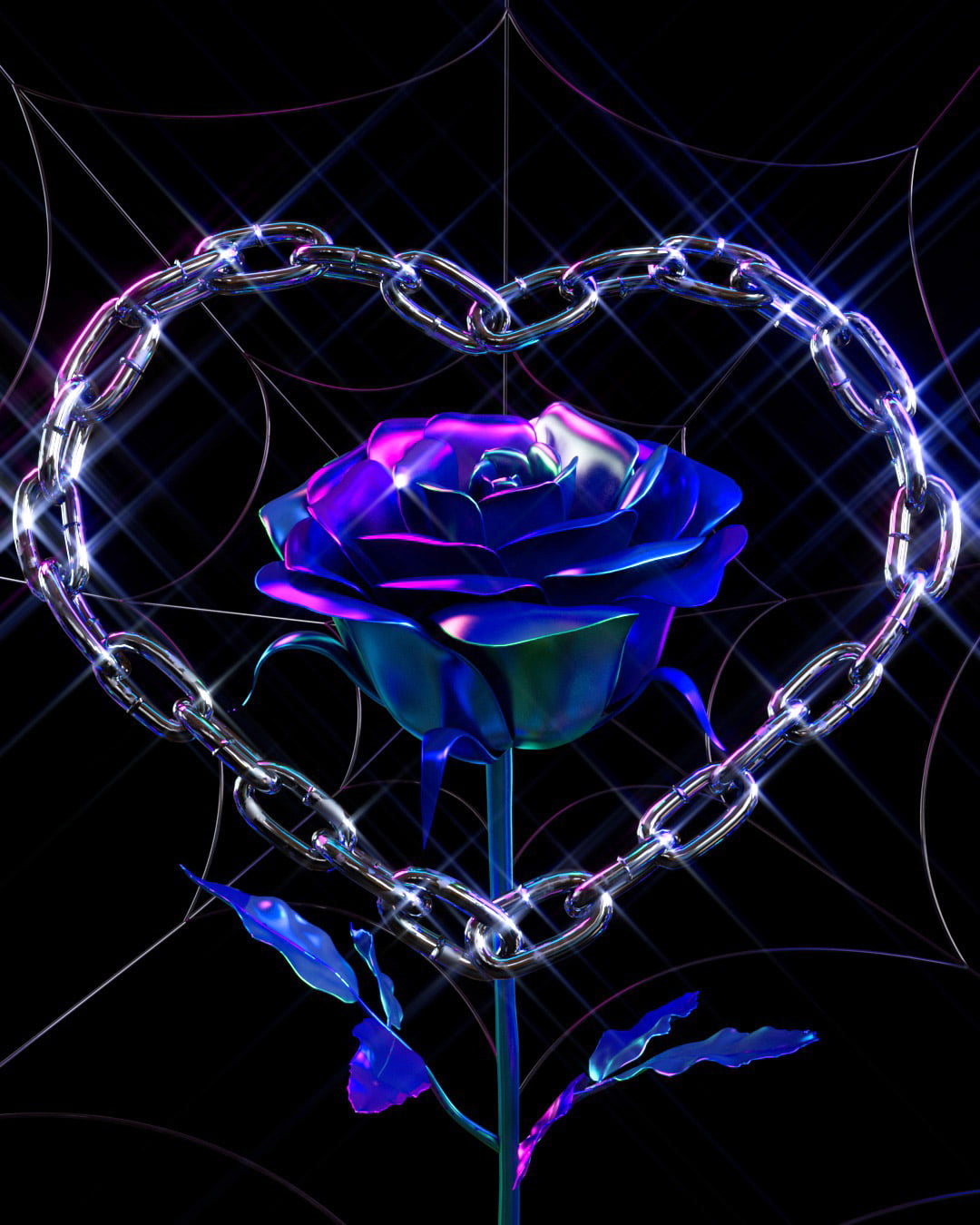 Black background with iridescent spiderweb filling the space. A metallic heart shaped chain in the center framing a blue/magenta rose.