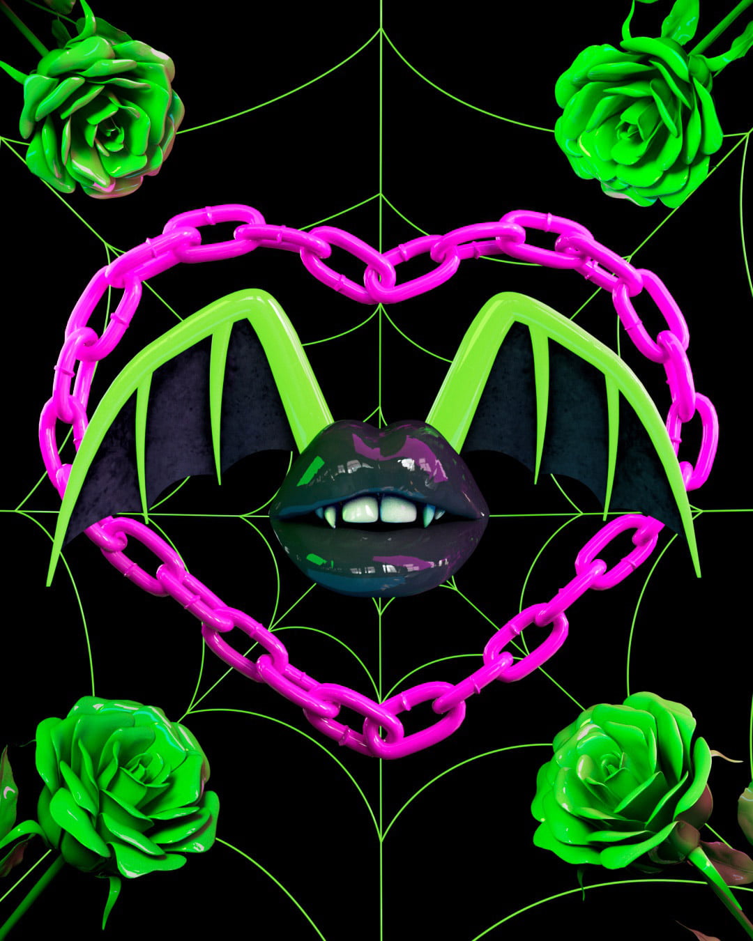 Black background with neon green spiderweb filling the space. Plastic neon green roses on all corners. A neon green plastic heart shaped chain in the center framing juicy black lipstick lips with fangs and neon green and black webbed bat wings.