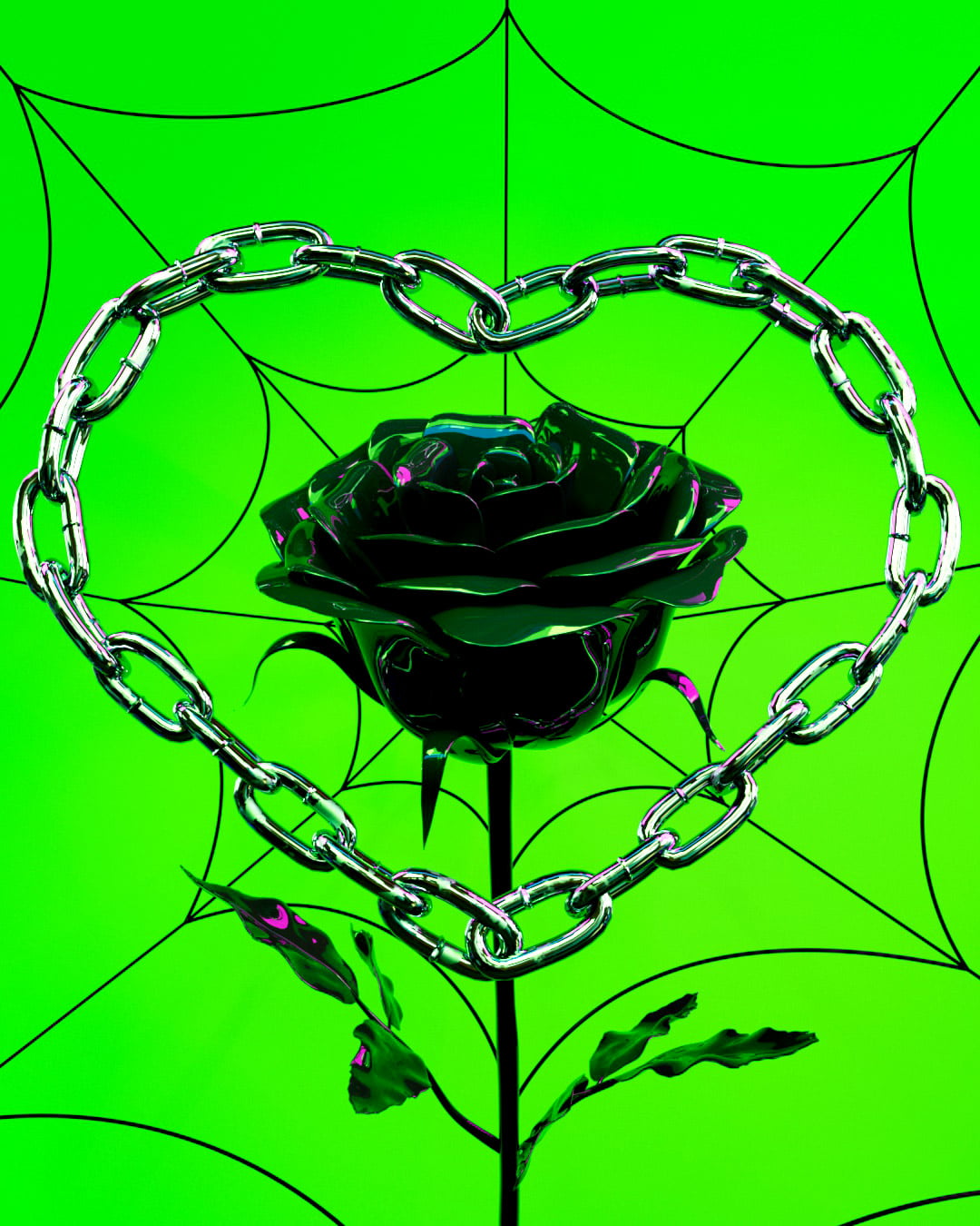 Neon green background with black spiderweb filling the space. A metallic heart shaped chain in the center framing a black slick oil rose.