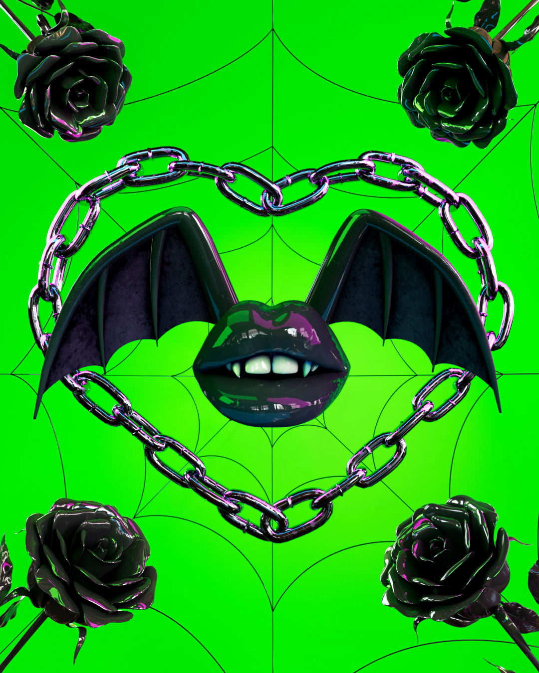 Neon green background with black spiderweb filling the space. Plastic oil slick roses on all corners. A neon silver heart shaped chain in the center framing juicy black lipstick lips with fangs and black on black webbed bat wings.