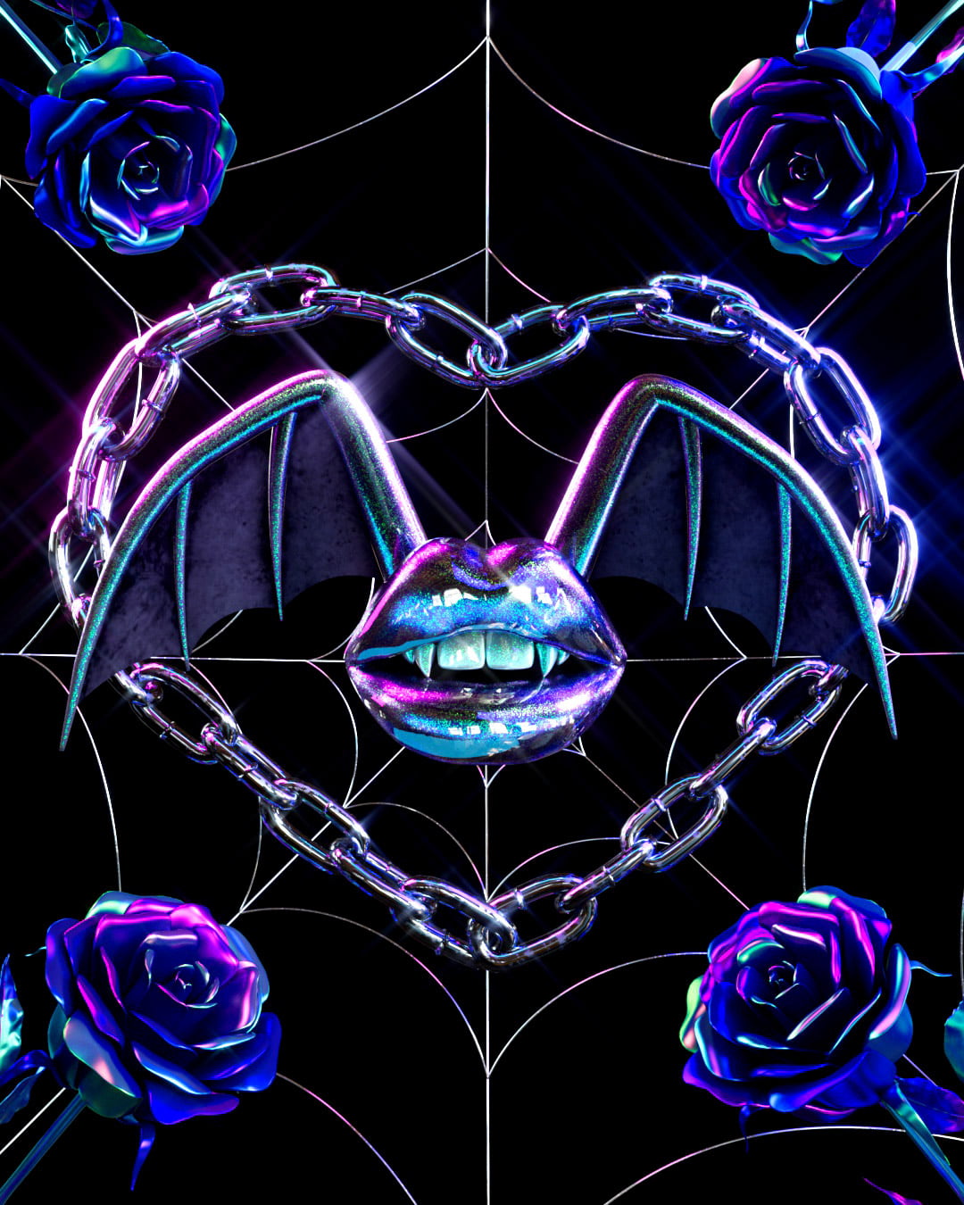 Black background with silver spiderweb filling the space. Metallic iridescent blue/magenta roses on all corners. A silver heart shaped chain in the center framing chrome lipstick lips with fangs and chrome and black webbed bat wings.