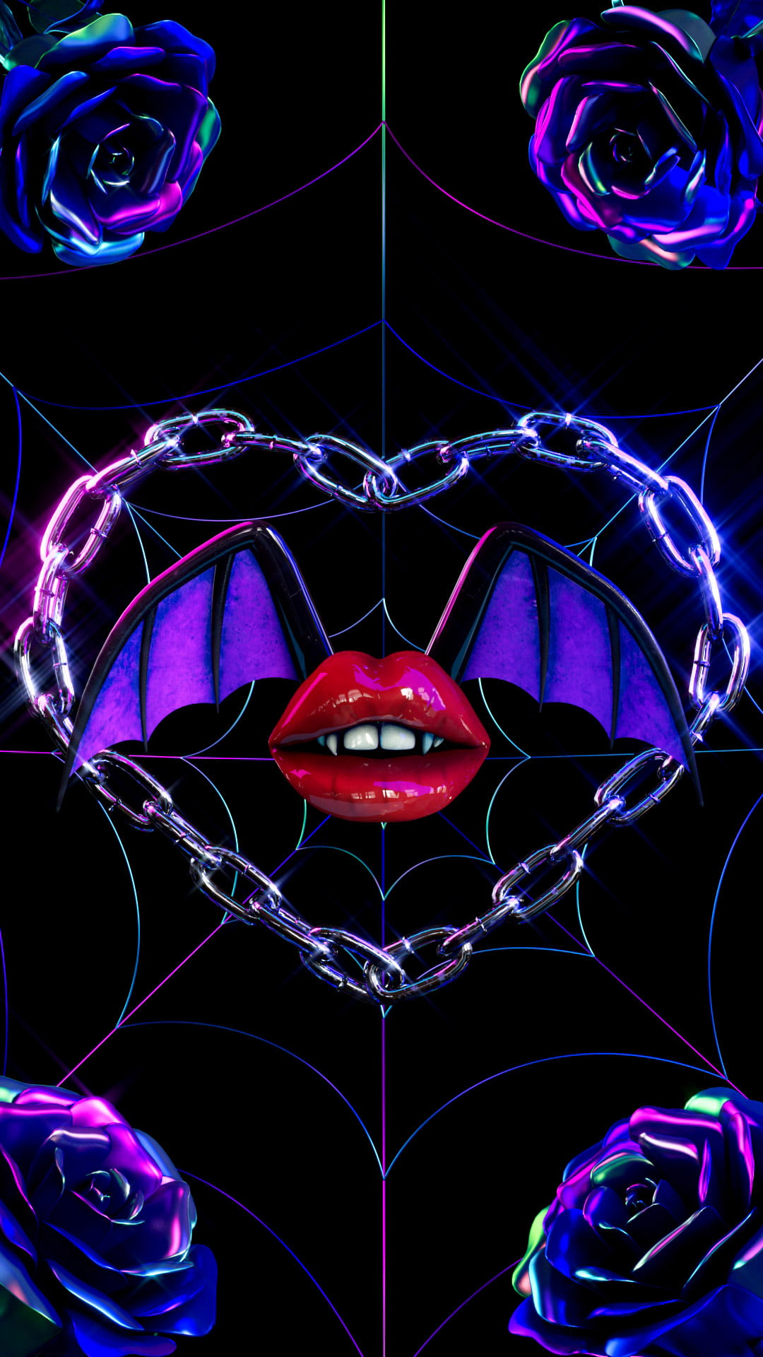 Black background with iridescent spiderweb filling the space. Metallic iridescent blue/magenta roses on all corners. A silver heart shaped chain in the center framing juicy red lipstick lips with fangs and black and purple webbed bat wings. Wallpaper 04