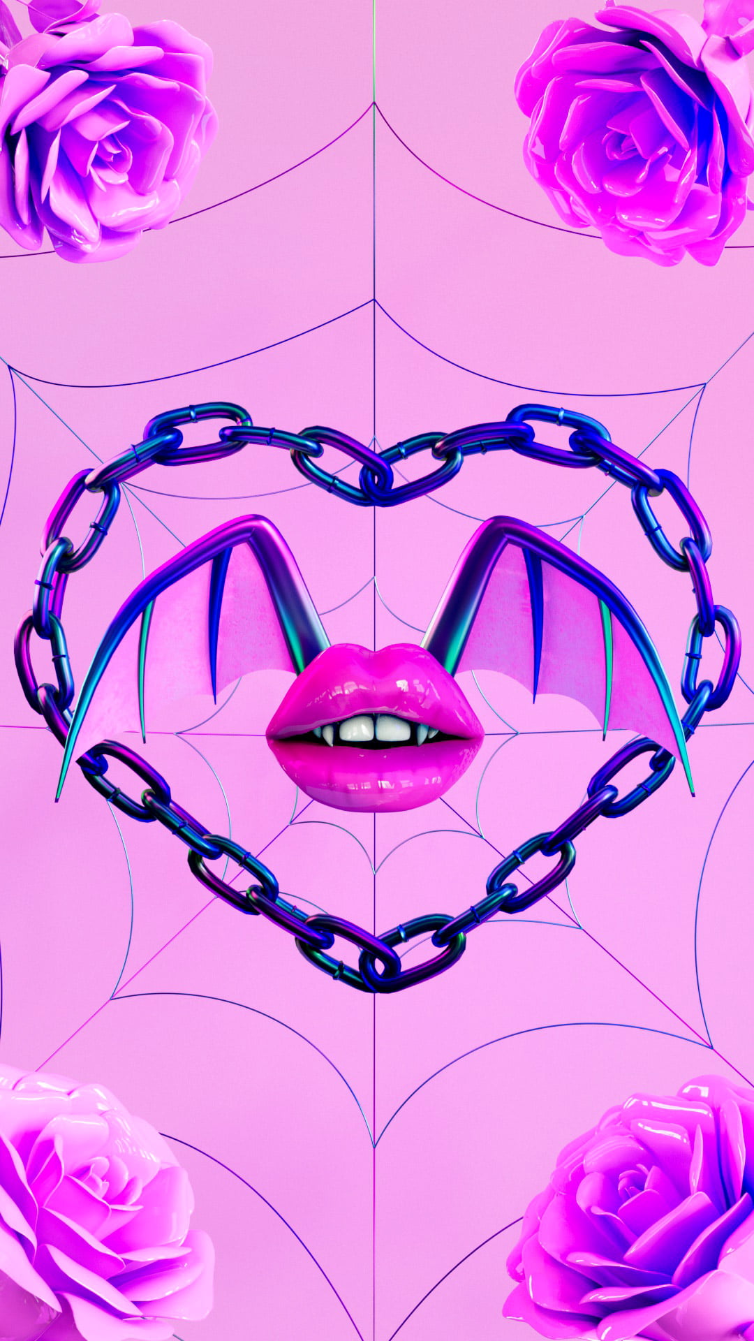 Pastel pink background with iridescent spiderweb filling the space. Plastic pink roses on all corners. A matte metal iridescent heart shaped chain in the center framing juicy magenta lipstick lips with fangs and iridescent and pink webbed bat wings Wallpaper 01