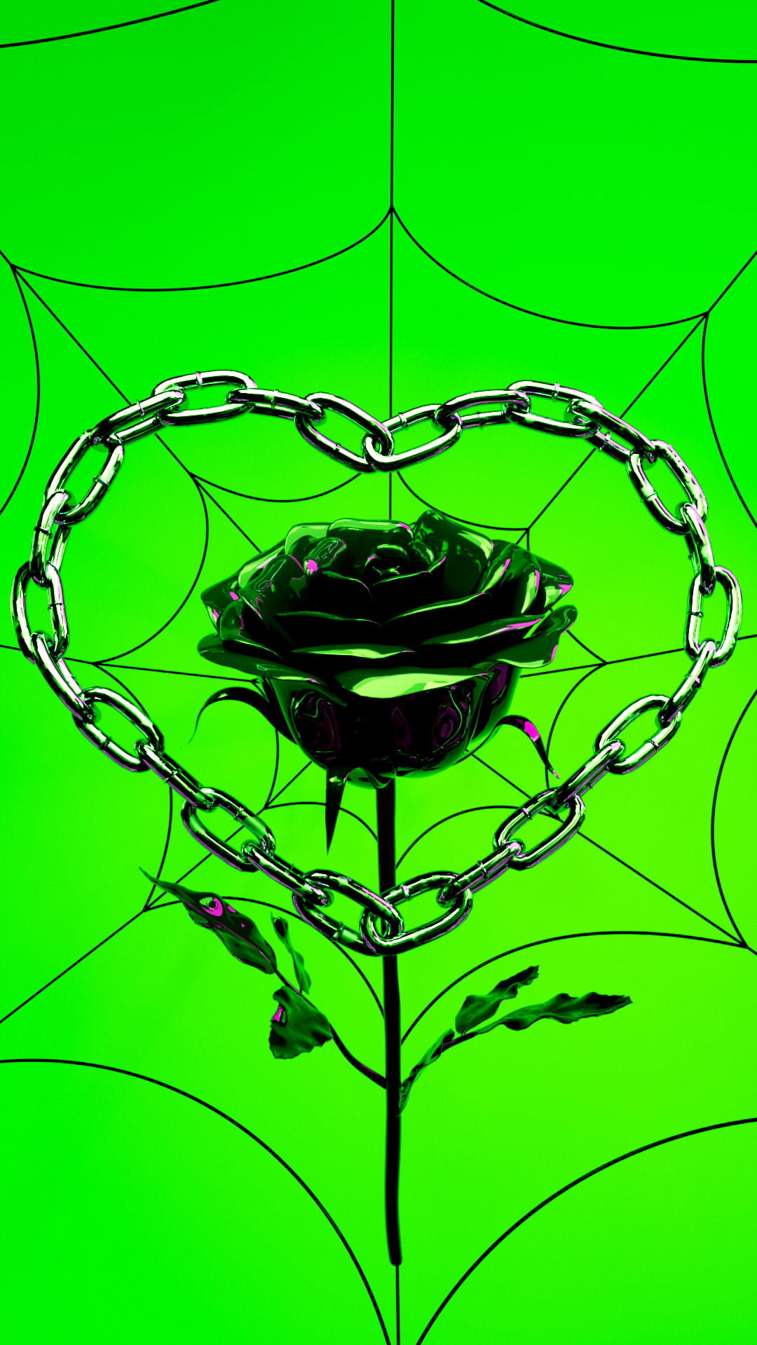 Neon Green with black spiderweb and black rose framed by silver heart shaped chain Wallpaper 03