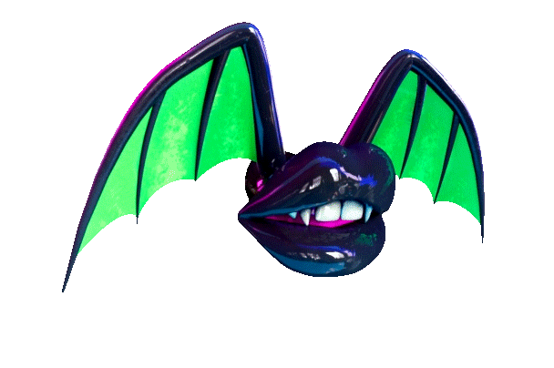 Bat lips with black lipstick, black wings with neon green webs flying in place on a transparent background