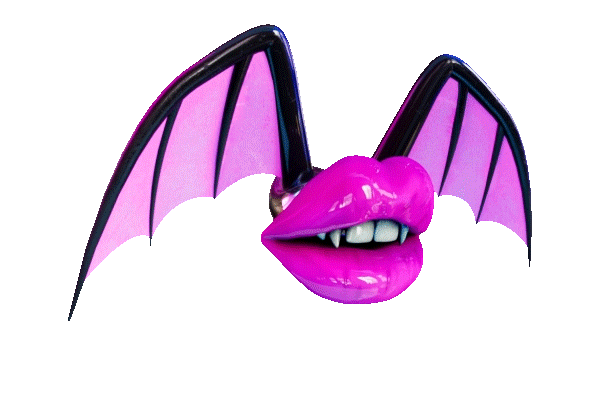 Bat lips with magenta lipstick, black wings with pastel pink webs flying in place on a transparent background.
