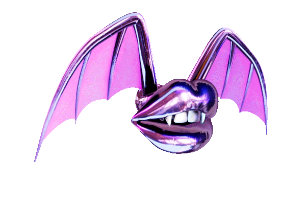 Bat lips with light pink chrome lipstick, light pink chrome wings with pink pastel webs flying in place on a transparent background
