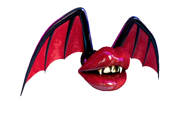 Bat lips with glitter red lipstick, gold teeth, black wings with red webs flying in place on a transparent background