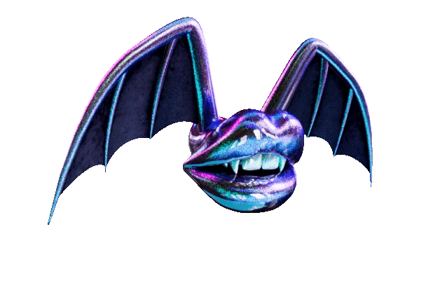 Bat lips with glitter chrome lipstick, glitter chrome wings with black webs flying in place on a transparent background