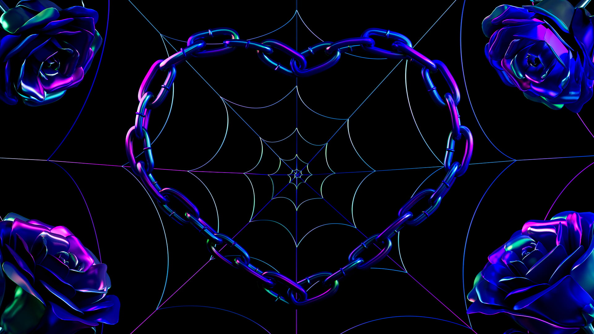 Dark Mode: Black with iridescent spiderweb and roses with a iridescent heart shaped chain Wallpaper 02